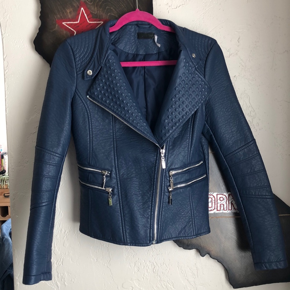 Navy faux leather moto jacket